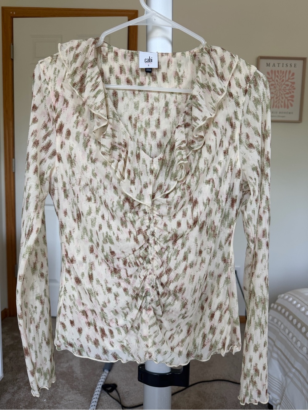 CAbi Cream Ruffle V-Neck Blouse with Olive & Brown Print